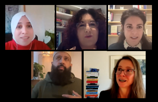 Composite image of the panelists from the second Language learning webinar (CIP, 2023) An array of portraits showing Yomna (in white headscarf and red jumper), Jo-Ann (dark curly hair, bookshelves behind), Anastasia (hair pinned back, white shirt collar), Adel (dark beard and green jumper), and Leslie (black top, light brown hair, glasses)