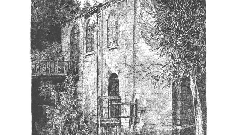 Ink sketch showing a two-floor building in mild decay, trees growing around