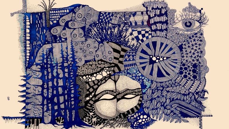 Eyes, a mask? tendrils?—a complex pen-and-ink sketch