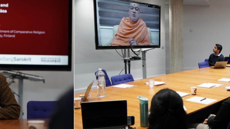 Composite showing two presenters, one of whom is speaking via video call