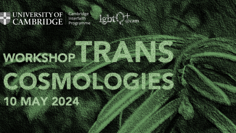 Green leafy backdrop with overlaid title Trans Cosmologies