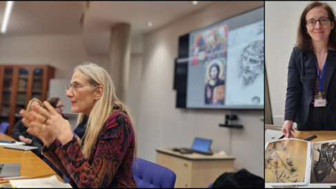 Composite with Prof Dohna Schlobitten mid-seminar mid-gesture, and an array of the masterclass image pairs. 