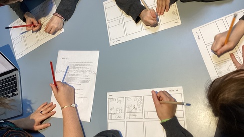 With cartoon-strip style templates, a table of schoolchildren storyboard Maimonides