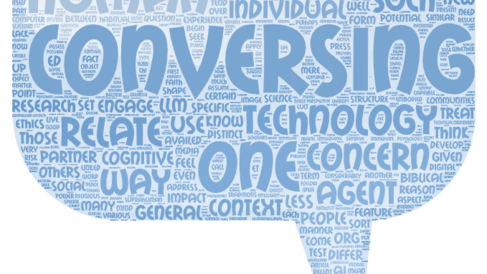 Speech bubble containing key words from the articles — prominent terms include interact, HDA, conversing, and one