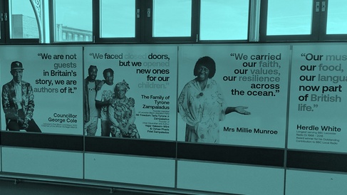 Series of photographs with quotations including “Builders of its future . . . We carried our faith, our values, our resilience”
