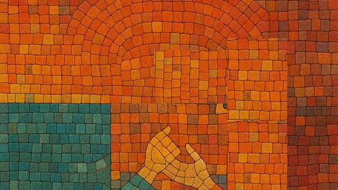 Colourful mosaic-tile abstract with a pair of hands