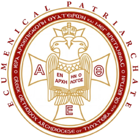 Cross with open book with Greek characters, encircled by words "Ecumenical patriarchate"