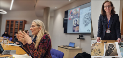 Composite with Prof Dohna Schlobitten mid-seminar mid-gesture, and an array of the masterclass image pairs. 