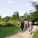 A cluster of Cambridge students on a path through grassland