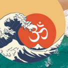 Graphic representation of sun rise at sea, an Om symbol appearing in front of the sun. In the background an ocean photo. Waves crashing, the two seascapes merge together.