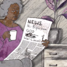 Illustration of woman holding a newspaper with headline 'war cancelled'