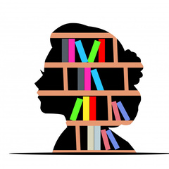 A silhouette of a head, within which are pictured shelves of brightly-coloured books