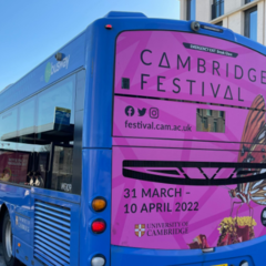 Festival advertisement on the back of a Cambridge bus