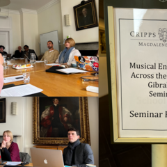 Composite photograph showing workshop participants seated around a central table, imposing painted portraits behind them - and inset of a notice on the venue door with event title