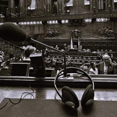 View looking down from Parliamentary seat, microphone in foreground