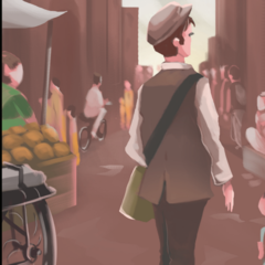 A young man, wearing a hat, a satchel slung over his shoulder, walks down a busy street 