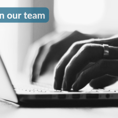 Hands on laptop keyboard, text reads “Join our team”