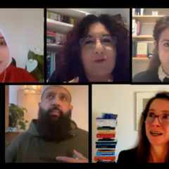 An array of portraits showing Yomna (in white headscarf and red jumper), Jo-Ann (dark curly hair, bookshelves behind), Anastasia (hair pinned back, white shirt collar), Adel (dark beard and green jumper), and Leslie (black top, light brown hair, glasses)