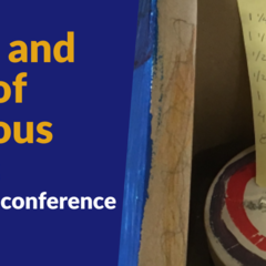 Event banner for 7 & September 2023 - Materiality conference - featuring sticky note with handwritten bread recipe, glittery money box, and silver candle holder/