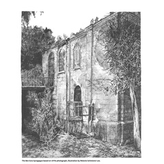 Ink sketch showing a two-floor building in mild decay, trees growing around