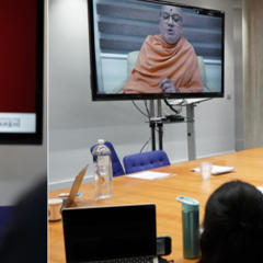 Composite showing two presenters, one of whom is speaking via video call
