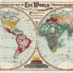 A world map from the early 20th century "showing prevailing religions" and indicating South Asia as predominantly "heathen" 
