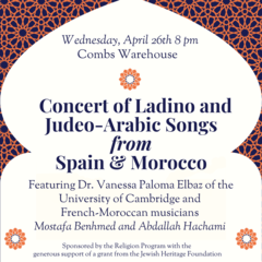 Promotional image featuring a Mozarabe arch border with geometric design. Key text announces an 8pm concert on Wednesday 26 April, in Danville, KY. 