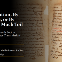 Non-Latin manuscript with brown and red ink. Overlaid title text reads "By Divination, by tradition, or by means of much toil - how tech transcends sect in Medieval Language Transmission'