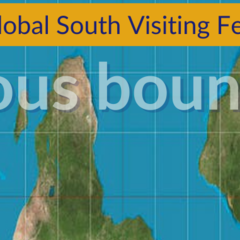 Detail of global map (blue ocean, green land masses) in unusual perspective