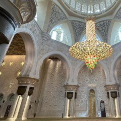 Almost monochrome yet highly decorated, curved and abstract, the interior. 