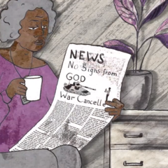 Illustration of woman holding a newspaper with headline 'war cancelled'