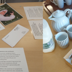 Photos from the start of the day - Registration table with sign-in sheet and programme, plus coffee and pastries awaiting attendees.