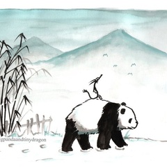 A tiny dragon sits on the back of a panda. Behind them are bamboo plants, a flock of birds, and in the distance mountains. This image includes an Instagram watermark: @bigpandaandtinydragon