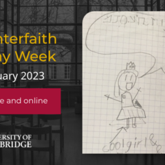 World Interfaith Harmony Week in Cambridge - background shows a view from Fitzwilliam College Chapel, foreground shows a detail from a child's Hebrew exercises