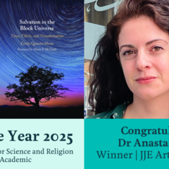 Congratulatory notices featuring cover of Salvation in the Block Universe and photograph of Dr Badder