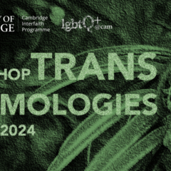 Green leafy backdrop with overlaid title Trans Cosmologies