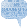 Speech bubble containing key words from the articles — prominent terms include interact, HDA, conversing, and one