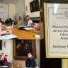 Composite photograph showing workshop participants seated around a central table, imposing painted portraits behind them - and inset of a notice on the venue door with event title