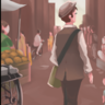 A young man, wearing a hat, a satchel slung over his shoulder, walks down a busy street 