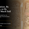 Non-Latin manuscript with brown and red ink. Overlaid title text reads "By Divination, by tradition, or by means of much toil - how tech transcends sect in Medieval Language Transmission'