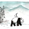 A tiny dragon sits on the back of a panda. Behind them are bamboo plants, a flock of birds, and in the distance mountains. This image includes an Instagram watermark: @bigpandaandtinydragon