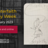 World Interfaith Harmony Week in Cambridge - background shows a view from Fitzwilliam College Chapel, foreground shows a detail from a child's Hebrew exercises