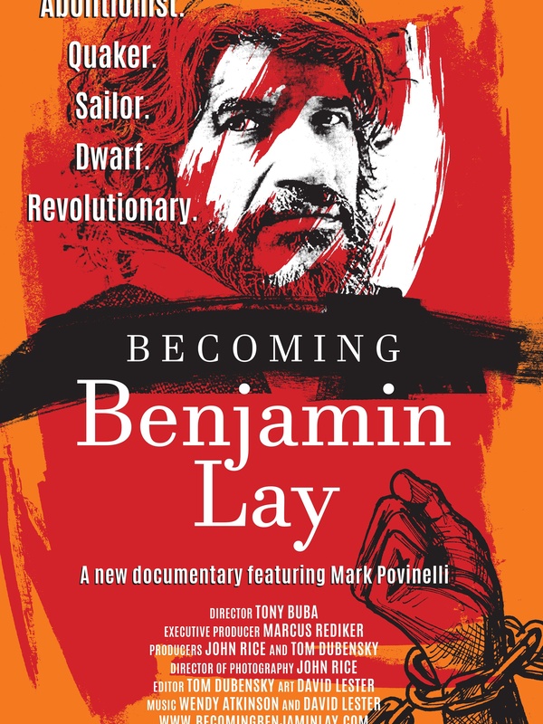 A fiery red poster featuring a sketch of Benjamin Lay and a chained fist
