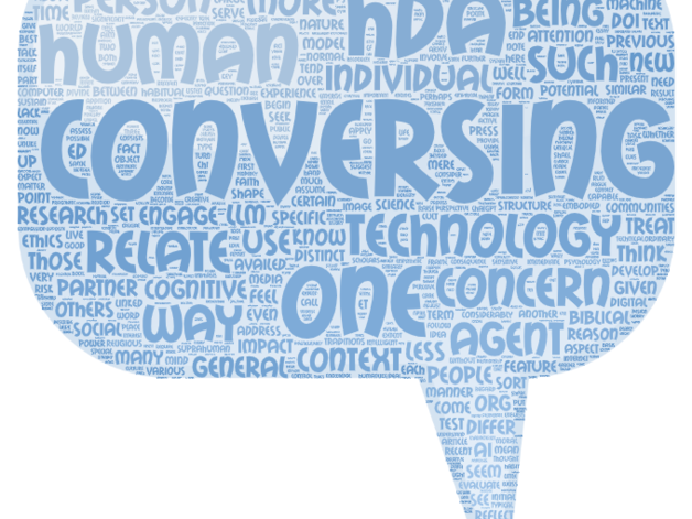 Speech bubble containing key words from the articles — prominent terms include interact, HDA, conversing, and one