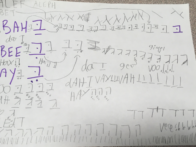 A child's exercises, writing out letters from the Hebrew alphabet with vocalised transliterations (far left)