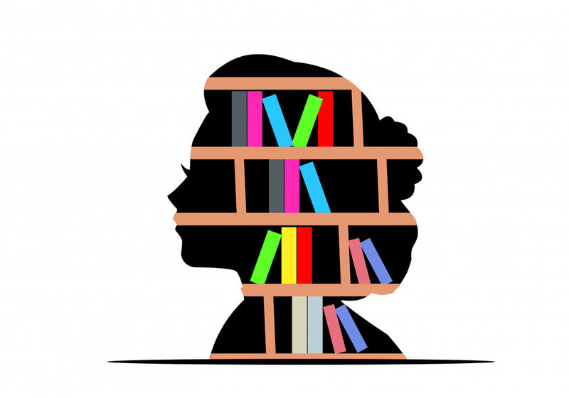 A silhouette of a head, within which are pictured shelves of brightly-coloured books