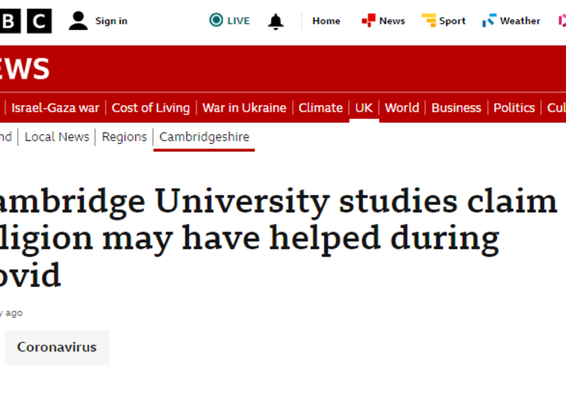 Screenshot of BBC News website with headline "Cambridge University studies claim religion may have helped during Covid"
