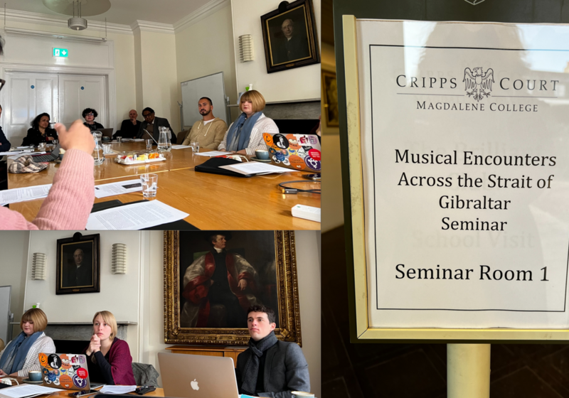 Composite photograph showing workshop participants seated around a central table, imposing painted portraits behind them - and inset of a notice on the venue door with event title