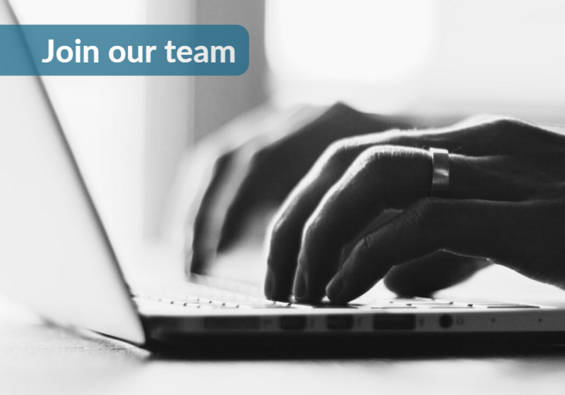 Hands on laptop keyboard, text reads “Join our team”