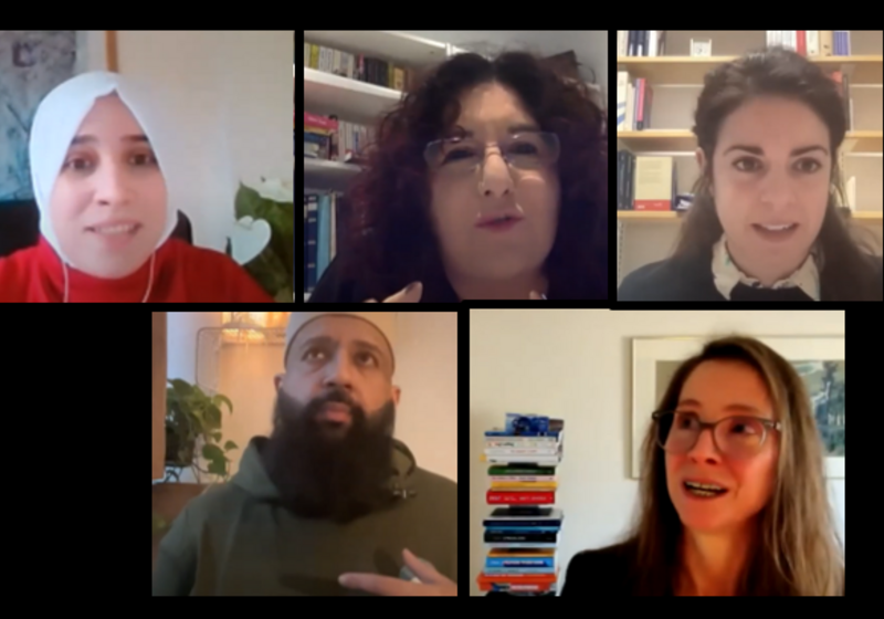 An array of portraits showing Yomna (in white headscarf and red jumper), Jo-Ann (dark curly hair, bookshelves behind), Anastasia (hair pinned back, white shirt collar), Adel (dark beard and green jumper), and Leslie (black top, light brown hair, glasses)